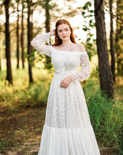 bohemian lace off shoulder wedding gown