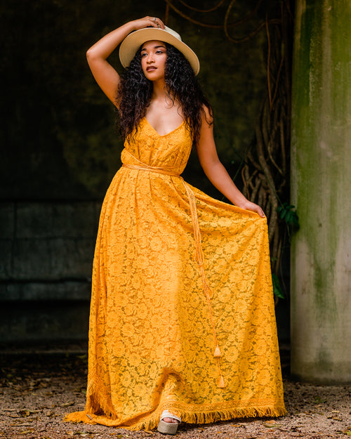 mustard boho hippie lace maxi dress